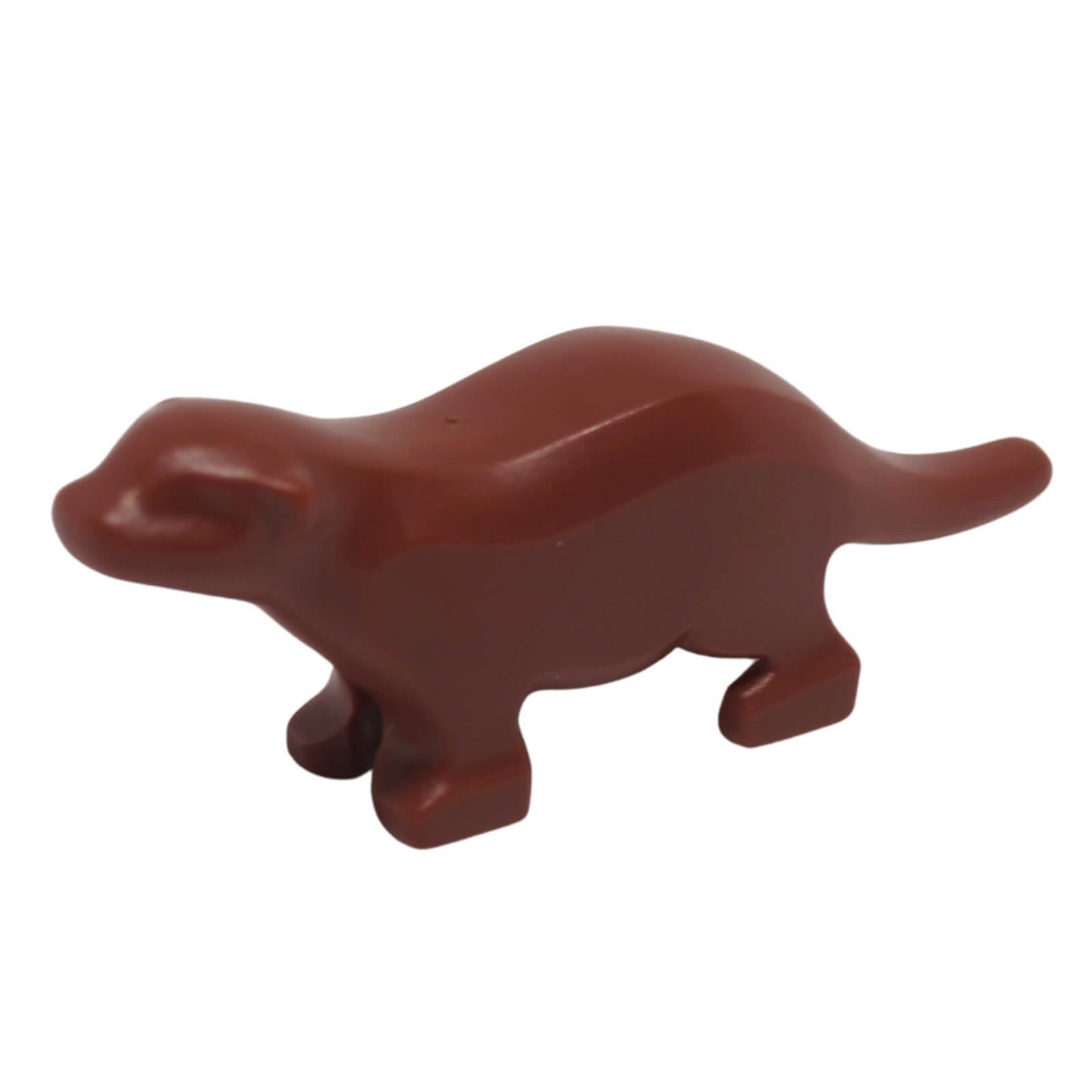 LEGO reddish brown river otter animal figure with black eyes and nose (Part 67631pb01), side view.