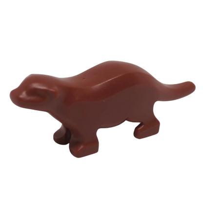 LEGO reddish brown river otter animal figure with black eyes and nose (Part 67631pb01), side view.