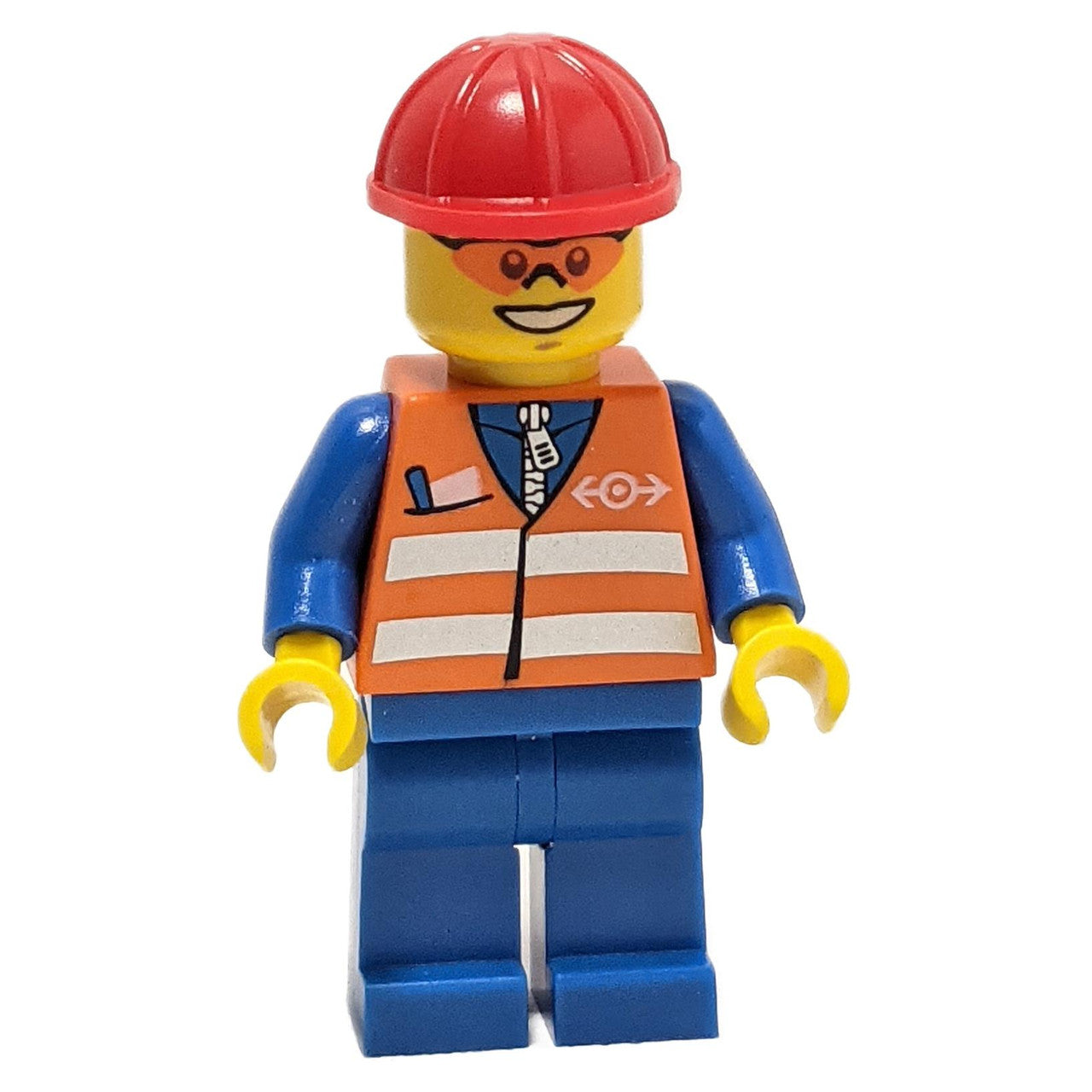 LEGO Minifigura Trabajador de construcción con un chaleco de seguridad naranja y casco rojo, listo para el sitio de trabajo - trn241