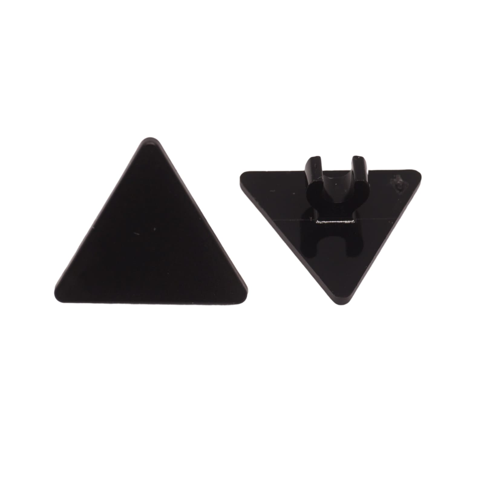 Black triangular road sign 2x2 with clip piece front and bottom view
