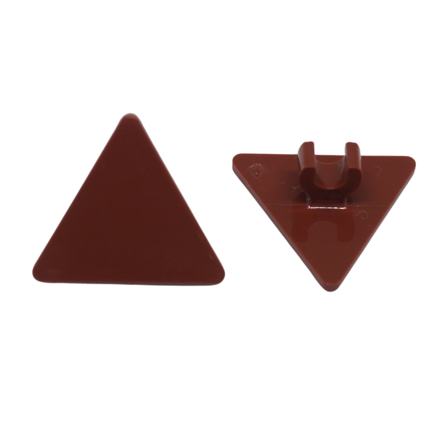 Dark red triangular road sign 2x2 with clip piece front view
