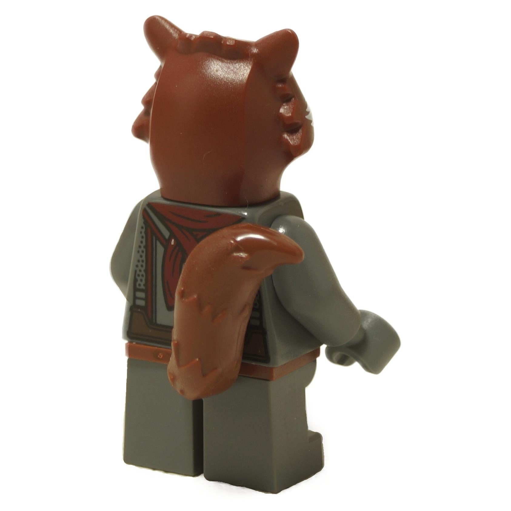 Back view of Rocket Raccoon minifigure with reddish brown tail and dark gray outfit
