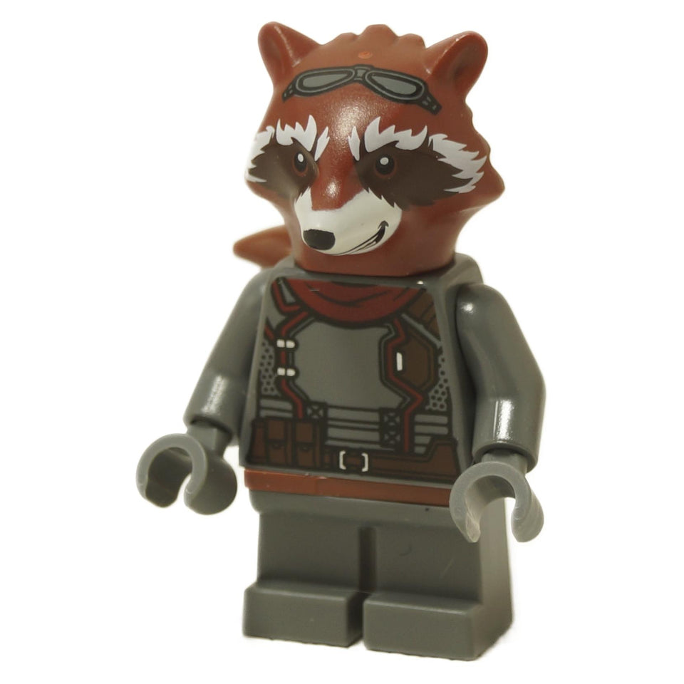 Rocket Raccoon minifigure with reddish brown raccoon head and dark gray outfit
