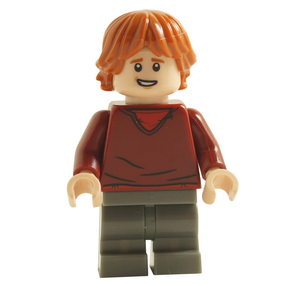 LEGO minifigure of Ron Weasley from the Harry Potter series, wearing a dark red sweater and gray pants.