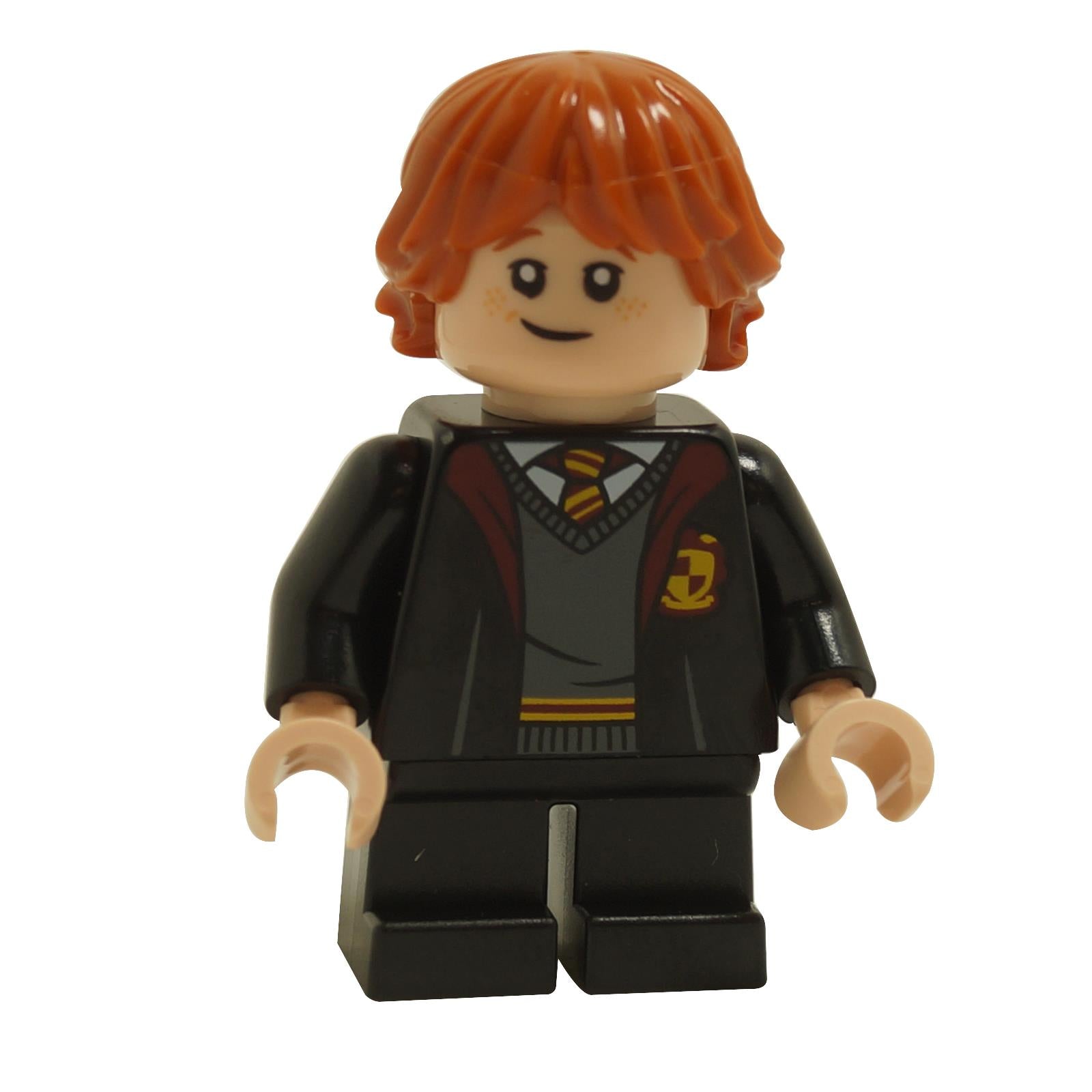 LEGO minifigure of Ron Weasley from the Harry Potter series, wearing a Gryffindor robe with black short legs.