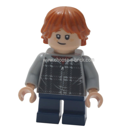LEGO Harry Potter Ron Weasley minifigure shown from the front. He is wearing a dark gray plaid zip-up hoodie and has a smiling expression on his face.