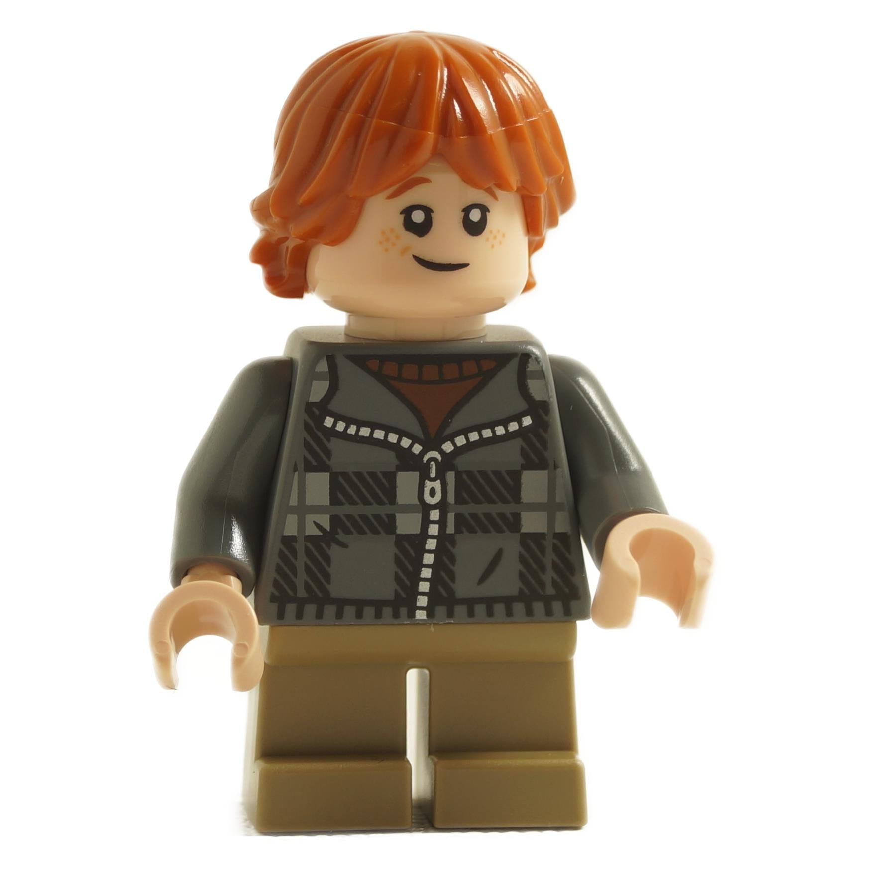 Ron Weasley hp496 minifigure with plaid jacket print, red hair and tan legs