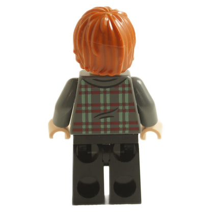 back view of LEGO Ron Weasley minifigure with red hair wearing plaid shirt and black legs
