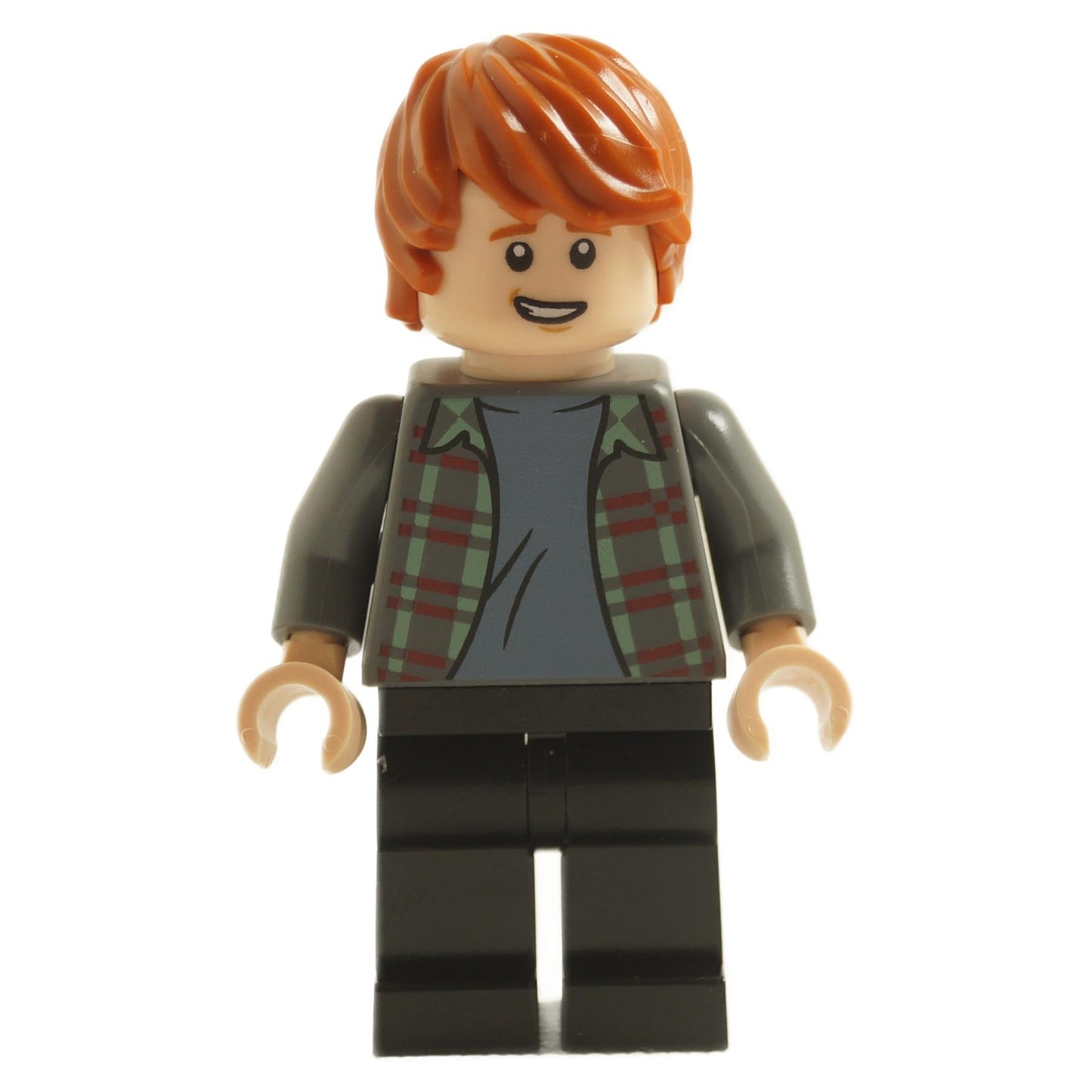 front view of LEGO Ron Weasley minifigure with red hair freckles smiling expression wearing plaid shirt and black legs
