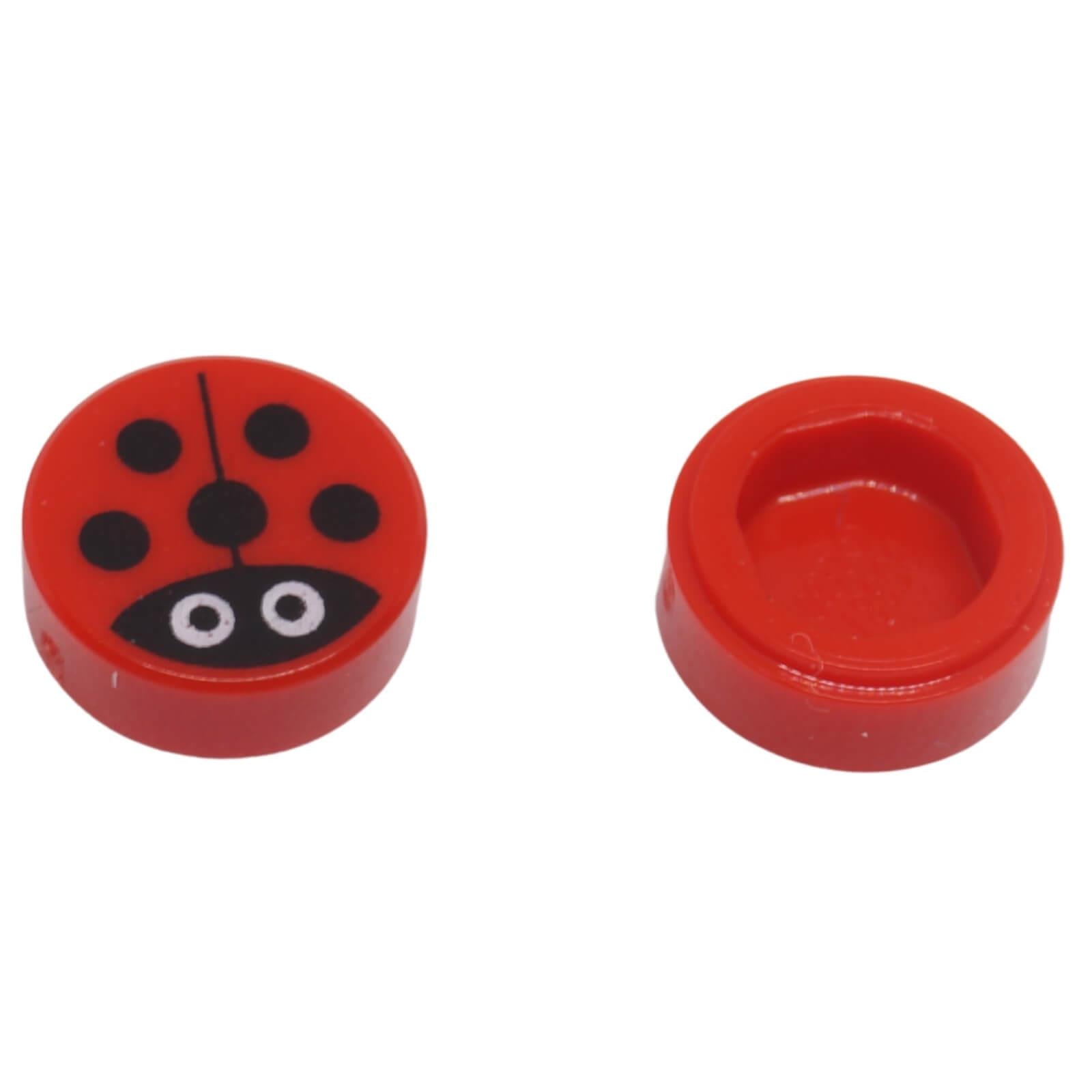 Top and underside view of LEGO® round 1 x 1 tile 98138pb177 with a printed ladybug design
