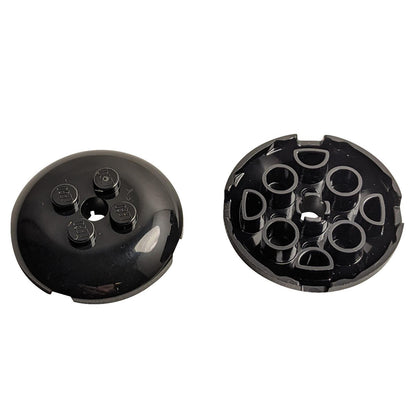 Black LEGO® Round 4 x 4 x 2/3 Dome Top with Hole 65138 shown from the top and underside