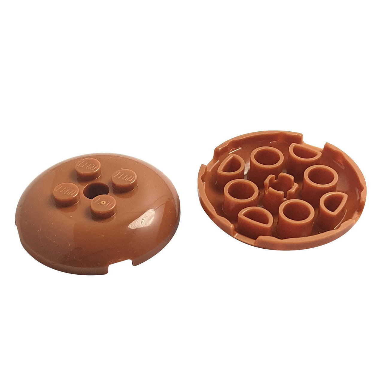 Dark orange LEGO® Round 4 x 4 x 2/3 Dome Top with Hole 65138 shown from the top and underside
