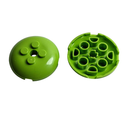 Lime LEGO® Round 4 x 4 x 2/3 Dome Top with Hole 65138 shown from the top and underside