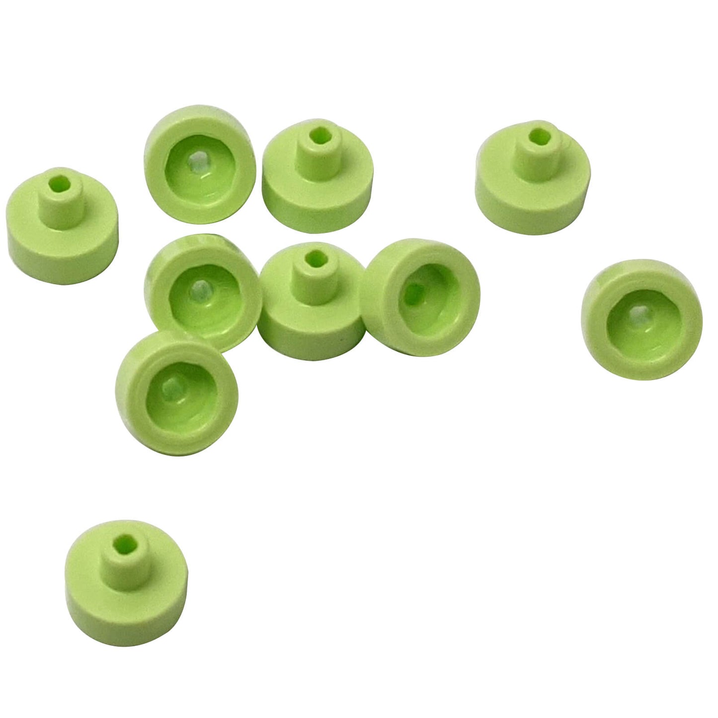 Yellowish green LEGO® round tile 1 x 1 with bar and pin holder (Part 20482) small connection element for bars and clips