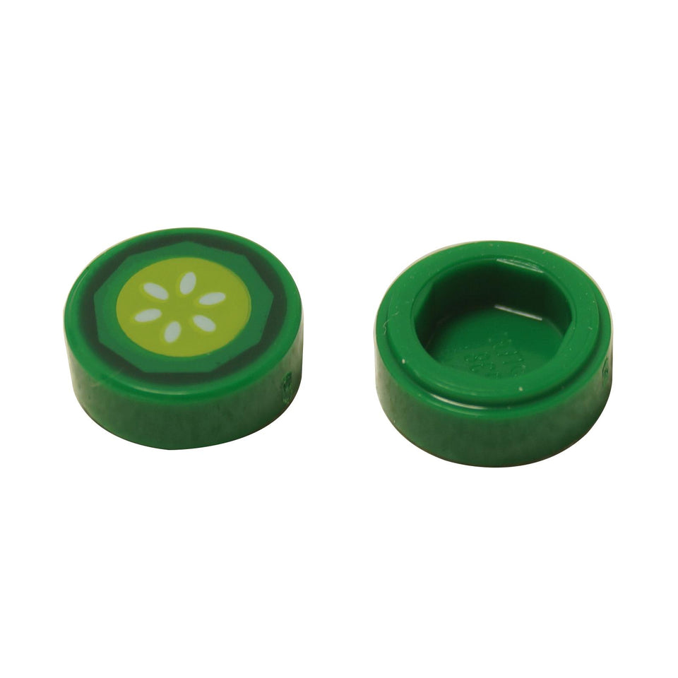 LEGO® Round Tile 1x1 (98138pb443) with a printed cucumber slice pattern, showing top and bottom views.