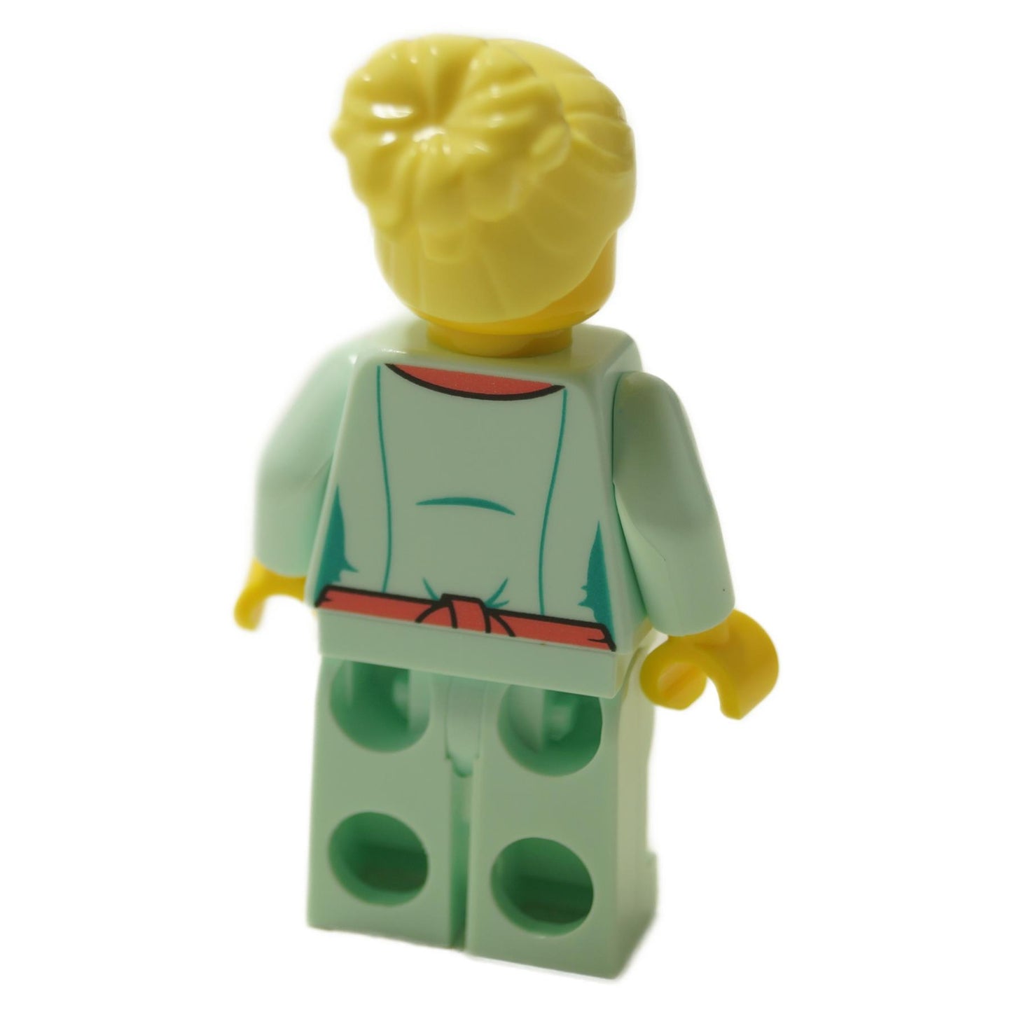 Sally minifigure back view with blonde hair bun, light mint outfit with printed jacket and matching legs
