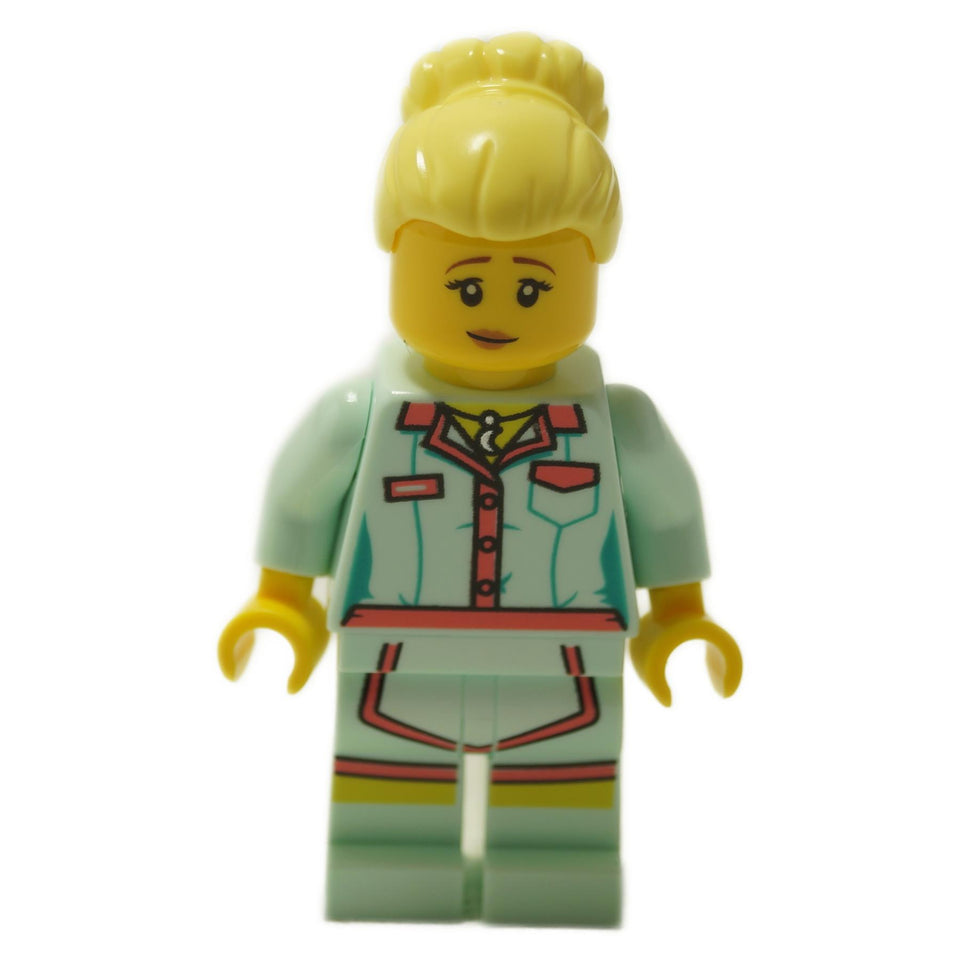 Sally minifigure front view with blonde hair bun, light mint outfit with printed jacket and matching legs
