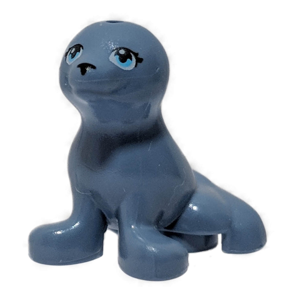 Sand blue LEGO® seal animal figure with printed eyes and nose (bb0682pb01), front angle