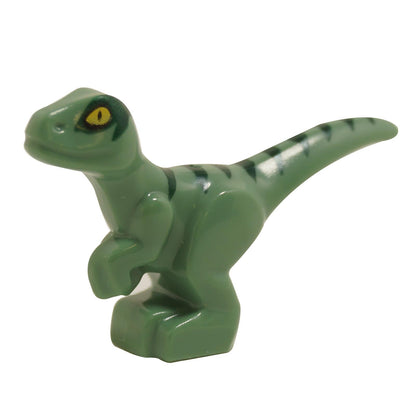 Front angled view of LEGO® Jurassic World Delta dinosaur figure in sand green with dark markings and yellow eyes
