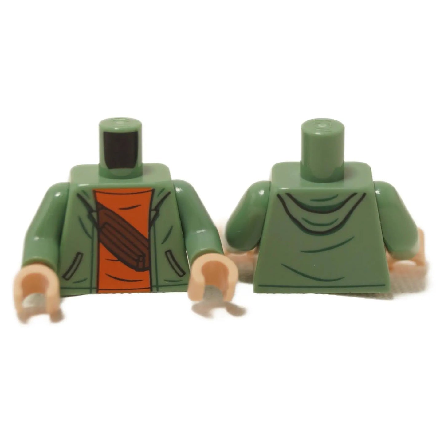 Sand green minifigure torso with hoodie print, black pockets and belt bag detail, shown front and back on white background
