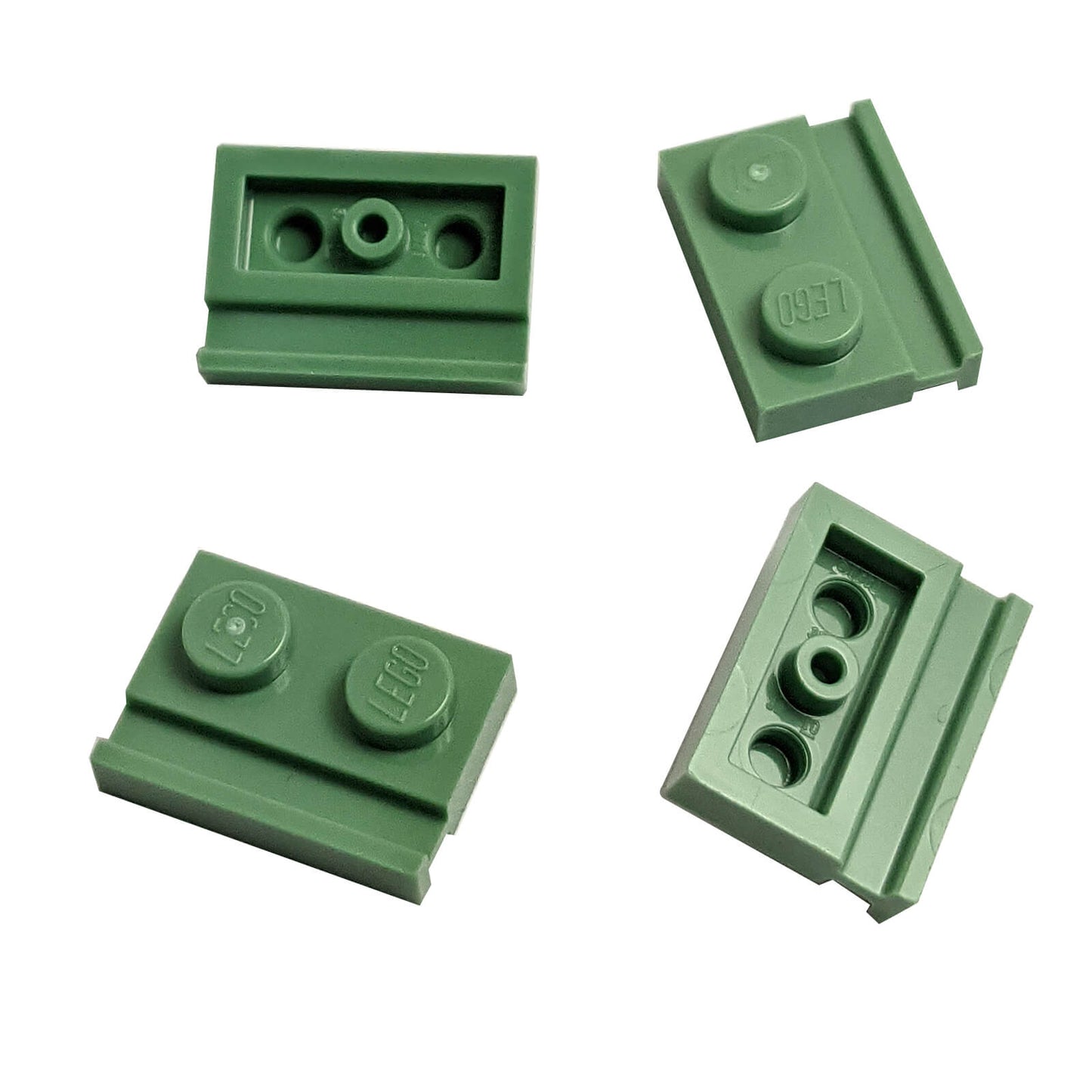 Sand green modified Plate 1 x 2 with door rail for sliding doors, track guides, and compact wall builds
