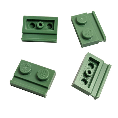 Sand green modified Plate 1 x 2 with door rail for sliding doors, track guides, and compact wall builds
