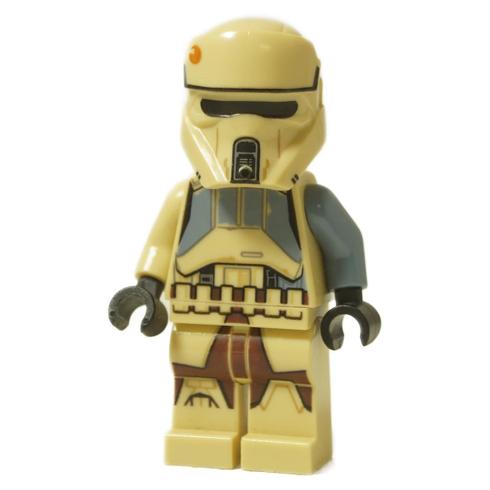 LEGO Star Wars Scarif Shoretrooper Captain minifigure shown from the front. The figure has detailed tan armor with a blue chest plate and a unique helmet. 