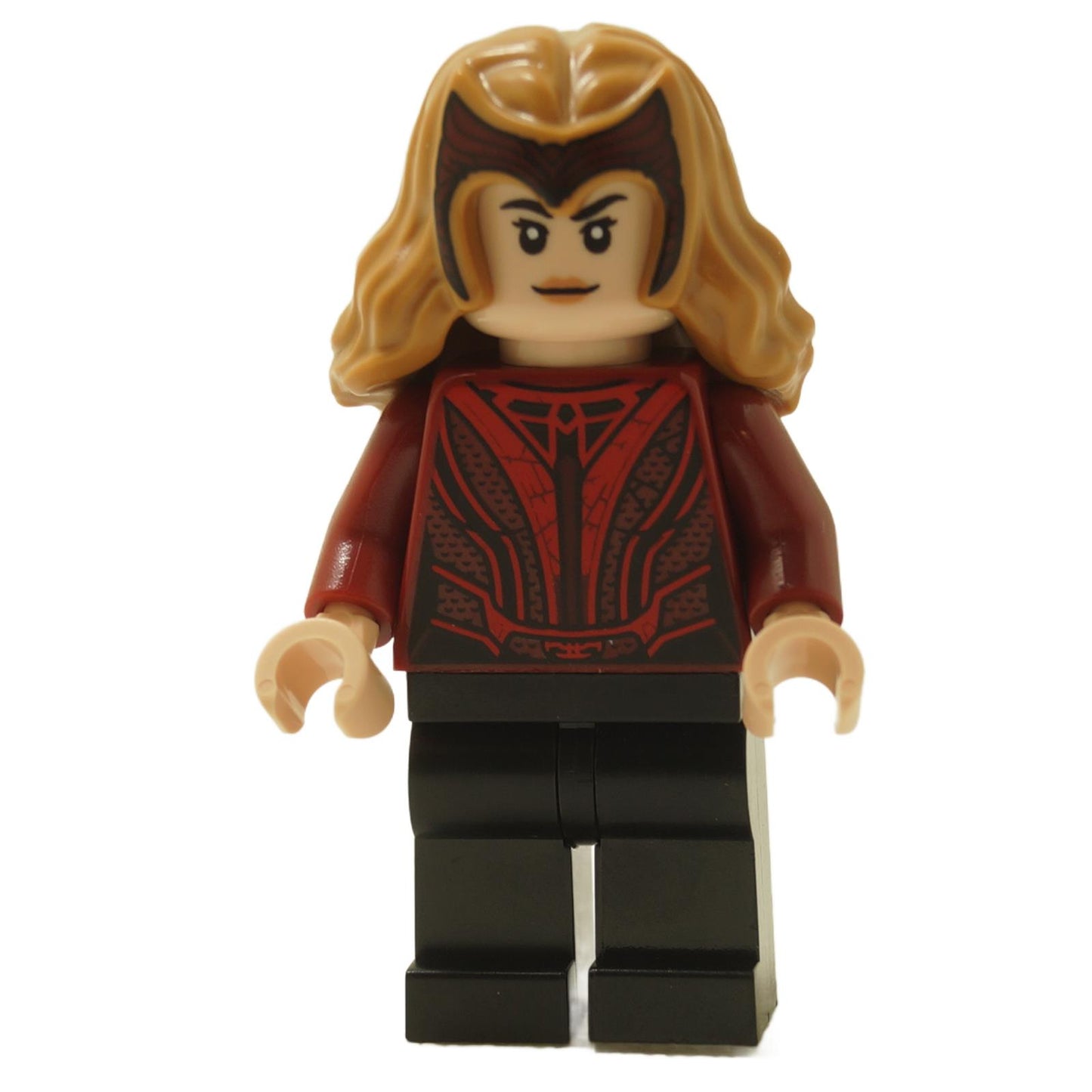 LEGO® Scarlet Witch minifigure sh0831 with hair and tiara, red costume torso, plain black legs, and confident expression
