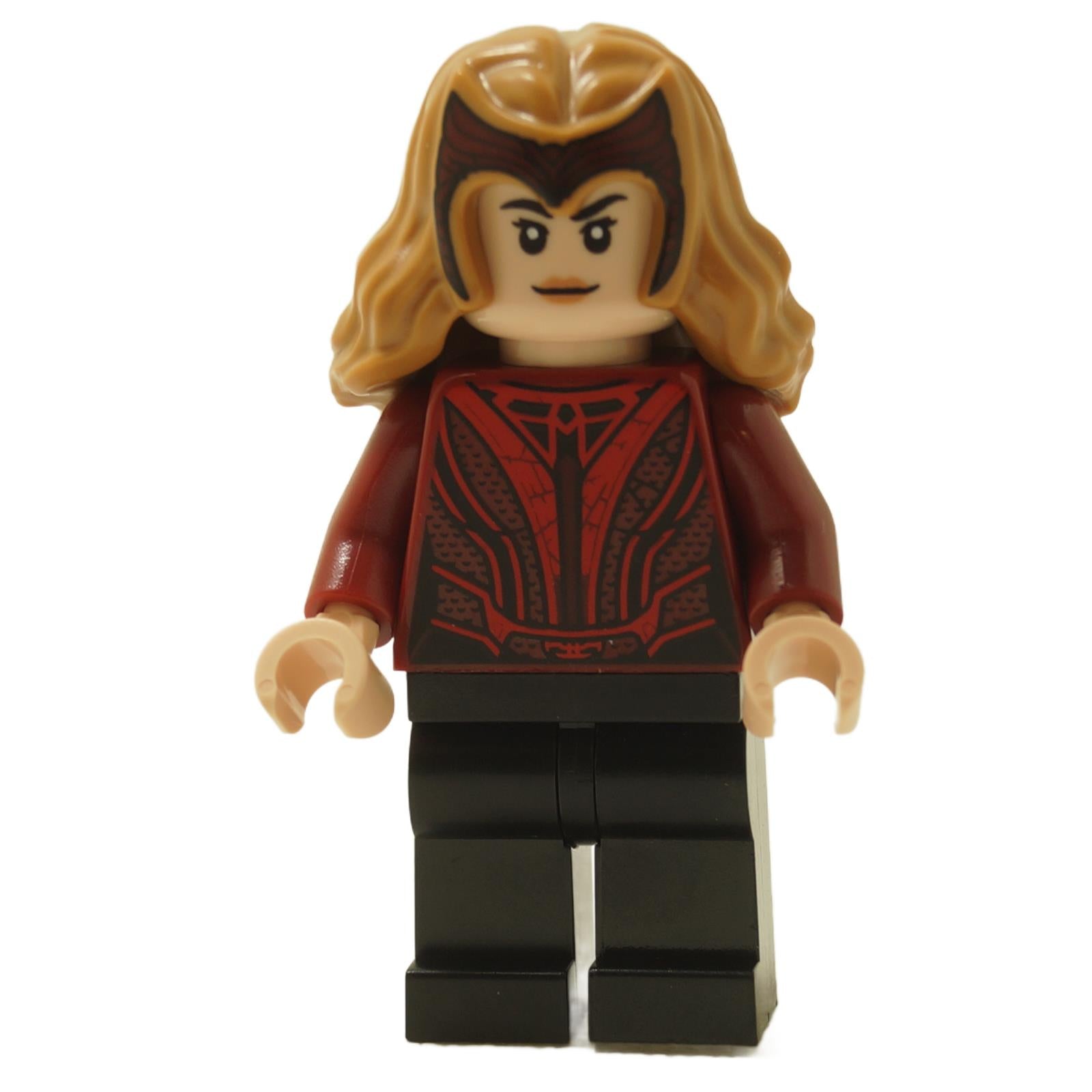 LEGO® Scarlet Witch minifigure sh0831 with hair and tiara, red costume torso, plain black legs, and confident expression
