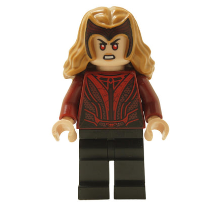LEGO® Scarlet Witch minifigure sh0831 with hair and tiara, red costume torso, and plain black legs with angry expression
