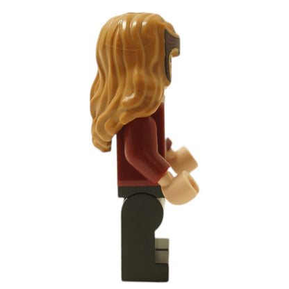Side view of LEGO® Scarlet Witch minifigure sh0831 with hair and tiara, red costume torso, and plain black legs
