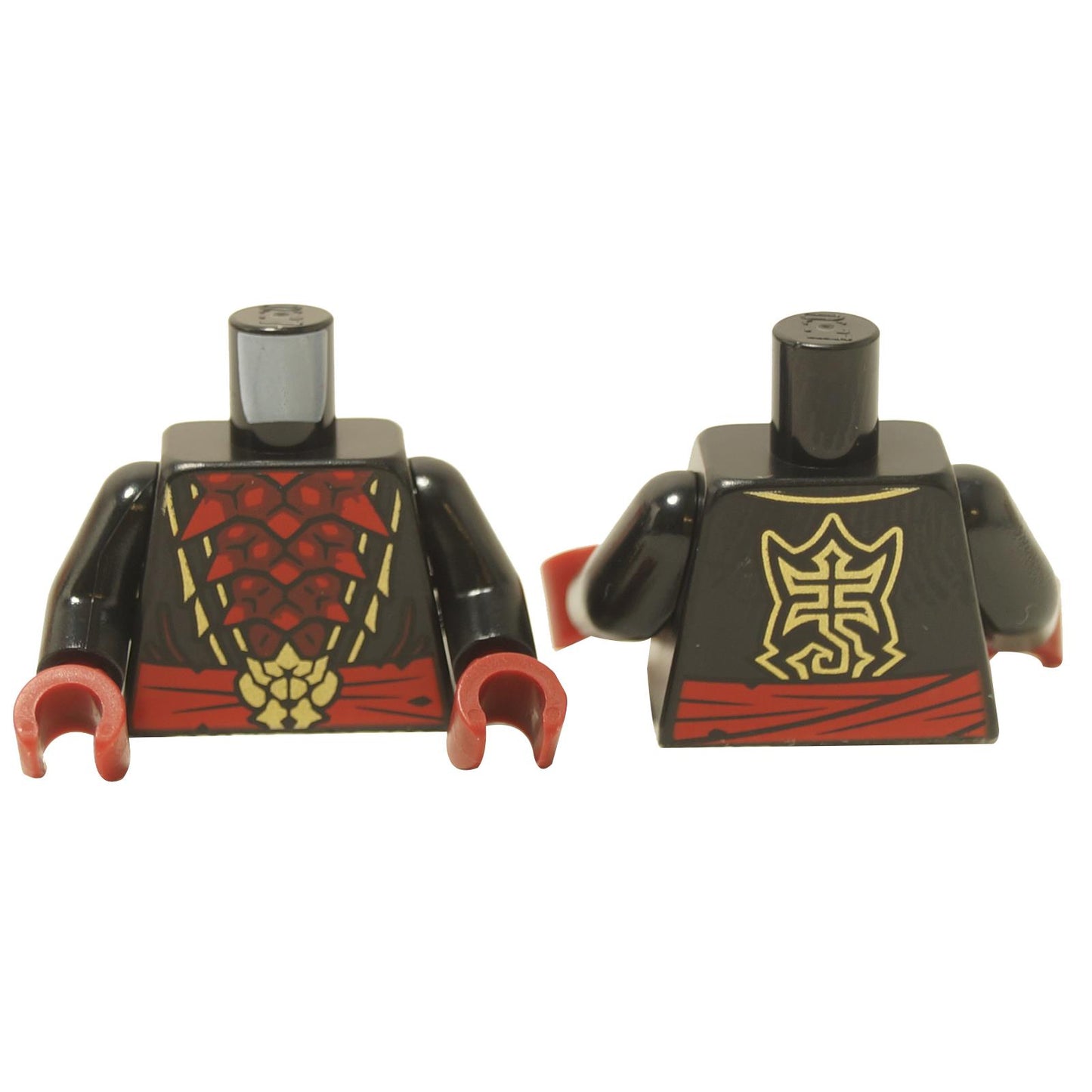 Minifigure torso with green scorpion armor print and red mechanical exoskeleton design
