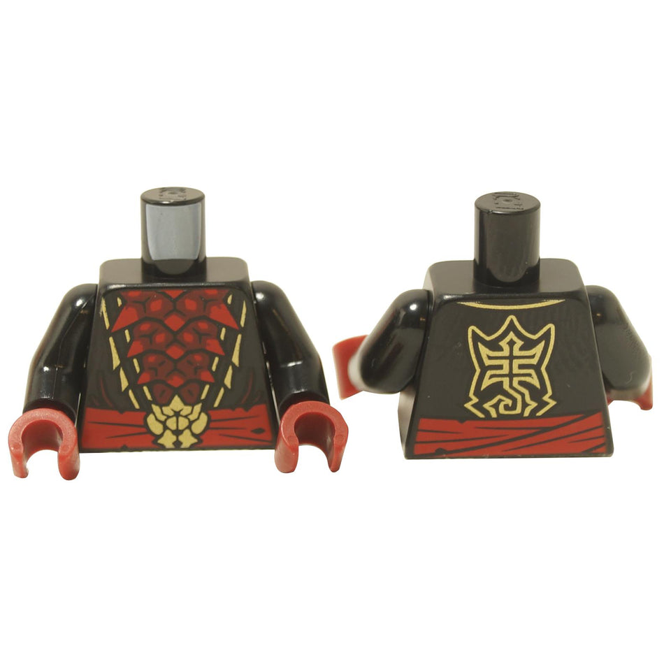 Minifigure torso with green scorpion armor print and red mechanical exoskeleton design
