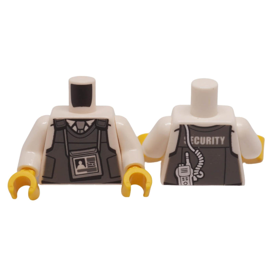 LEGO minifigure torso with white shirt, gray tie, dark bluish gray tactical vest, ID badge, and back security print.