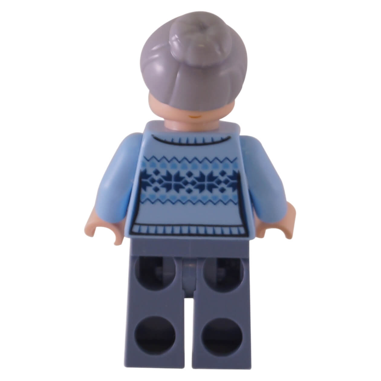 LEGO Aunt May minifigure, rear view showing blue Fair Isle sweater.