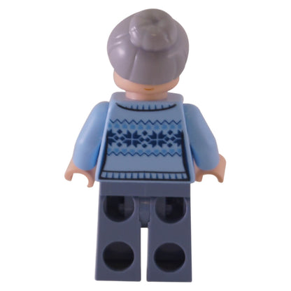 LEGO Aunt May minifigure, rear view showing blue Fair Isle sweater.