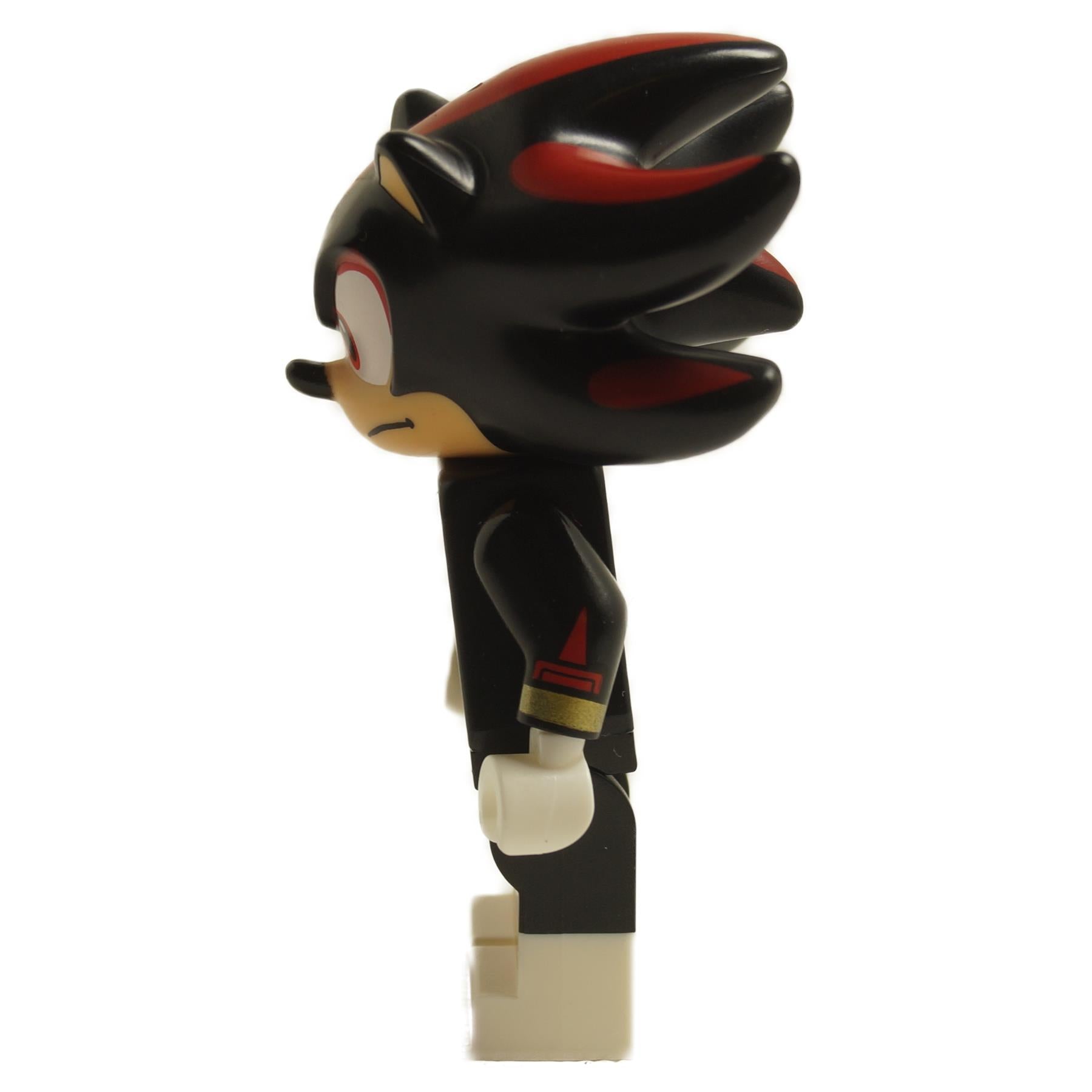 Side view of LEGO Shadow the Hedgehog minifigure son012 showing black and red quills and red-striped shoes