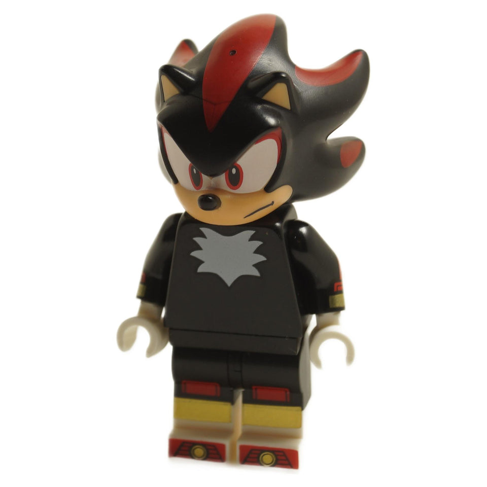 LEGO minifigure of Shadow the Hedgehog with black and red design, red eyes, and spiky hair.
