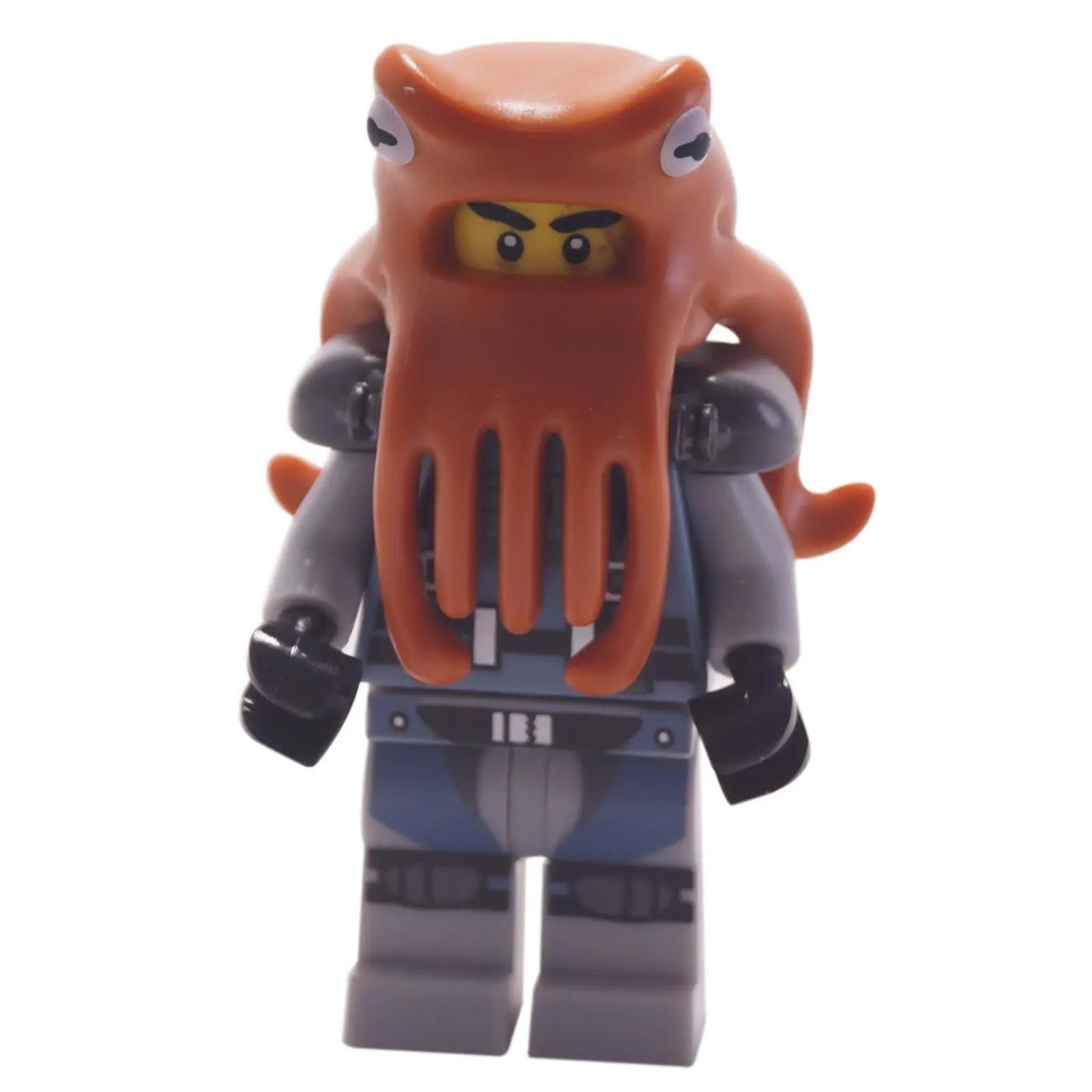 front view of LEGO Shark Army Octopus minifigure from The LEGO Ninjago Movie with orange octopus headpiece and gray armor coltlnm12
