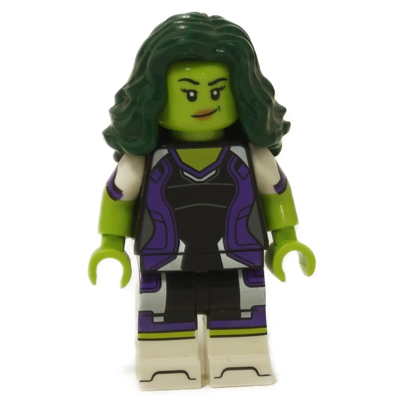 LEGO® She-Hulk Marvel Studios Series 2 minifigure with green skin, dark green hair and confident expression close-up view