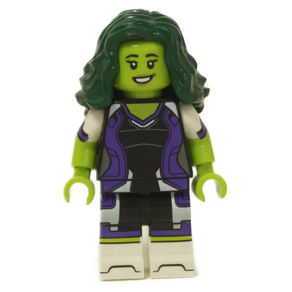 LEGO® She-Hulk Marvel Studios Series 2 minifigure with green skin, dark green hair and purple suit close-up view