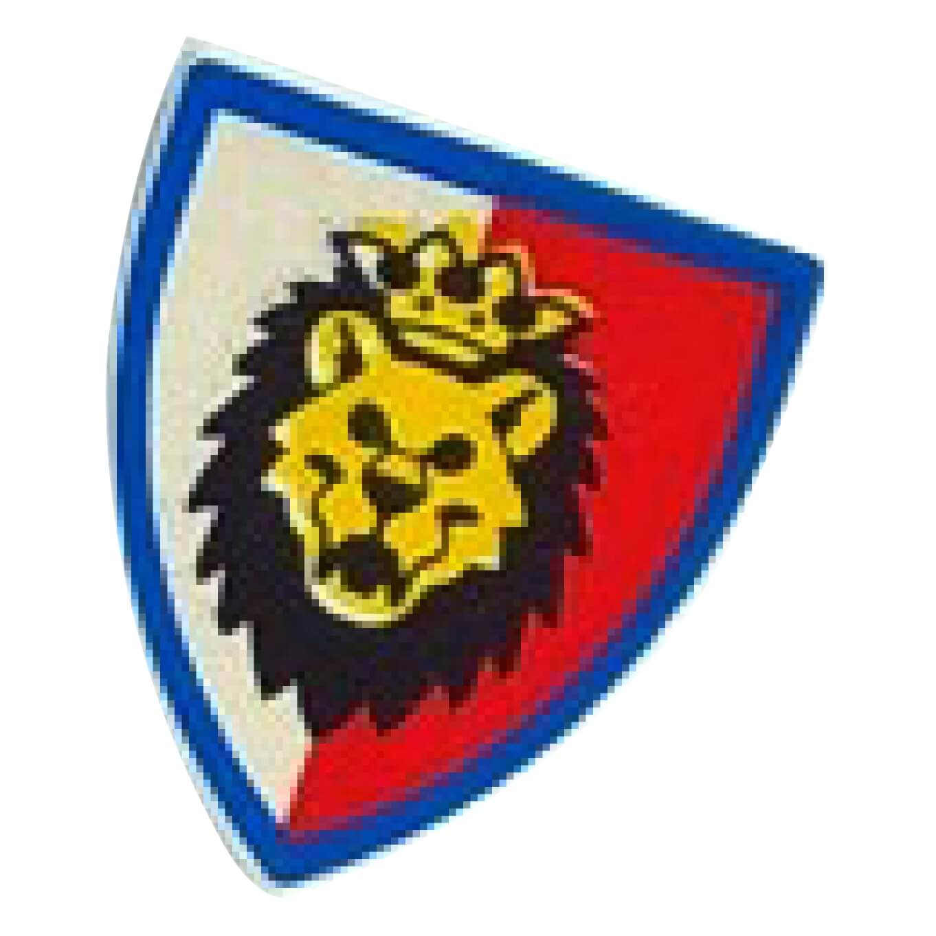 LEGO® Castle triangular shield with a crowned yellow lion head on a red and white background with a blue border.