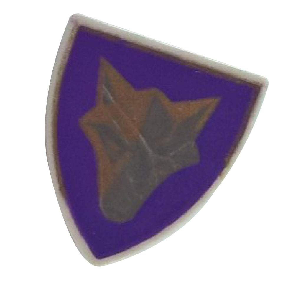 LEGO® triangular minifigure shield with gold wolf on purple background