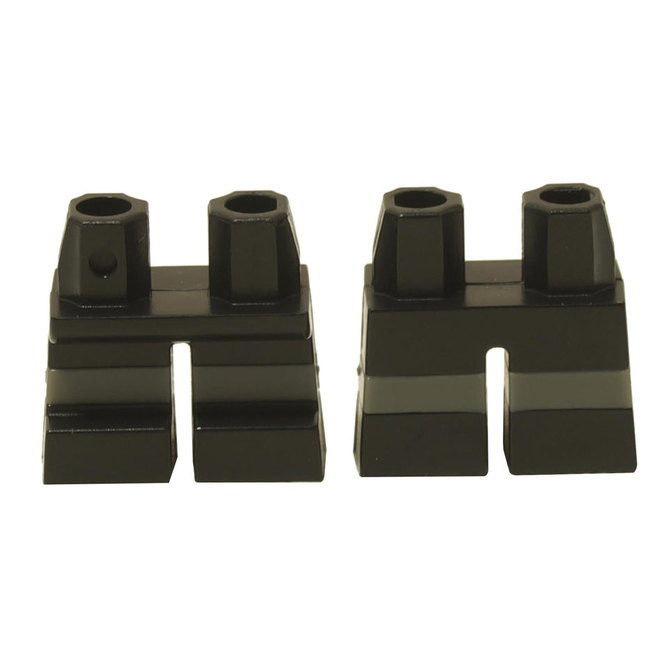 Short minifigure legs black with molded dark bluish gray horizontal stripes
