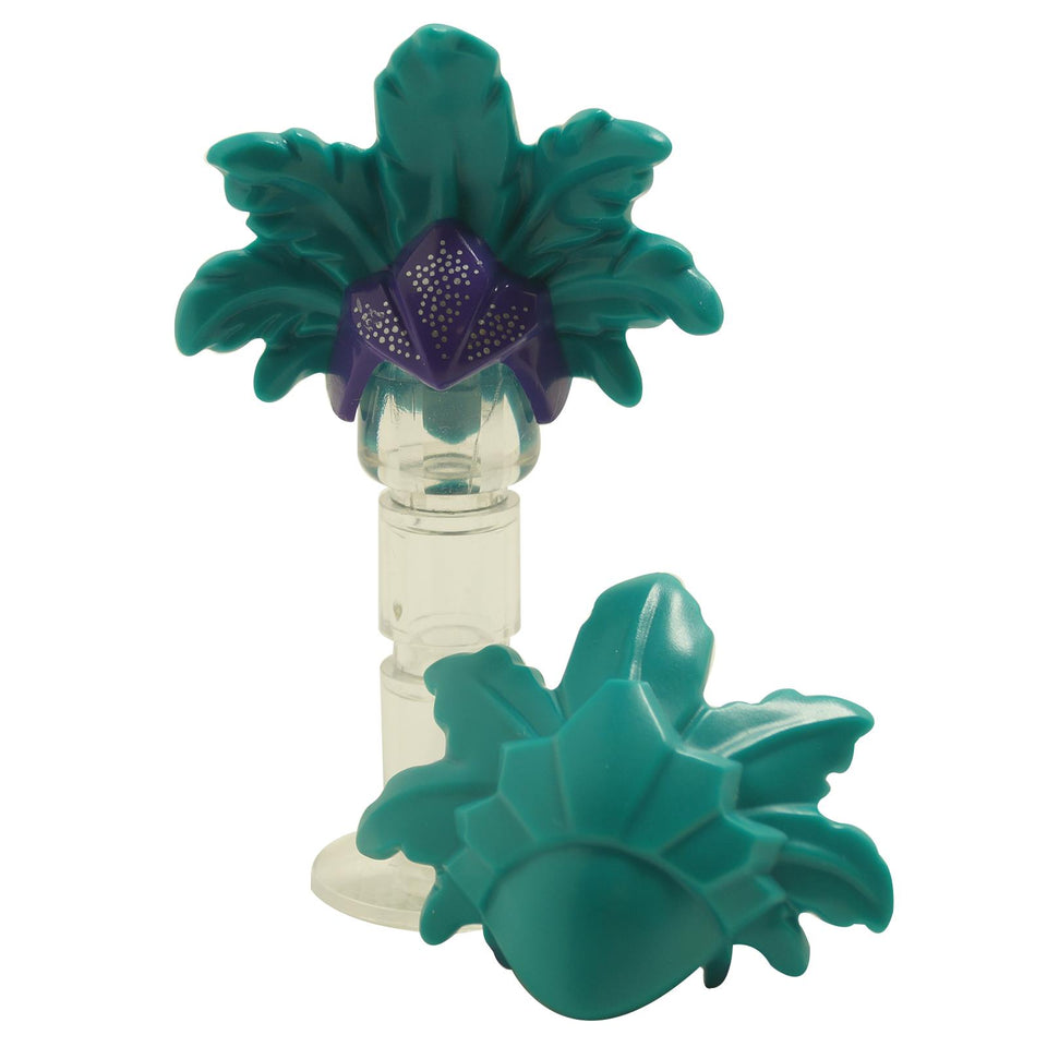 Minifigure showgirl hat with dark turquoise feathers, dark purple front panel, and silver dots pattern, decorative headgear element
