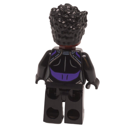 Shuri minifigure back view showing black and dark purple torso print
