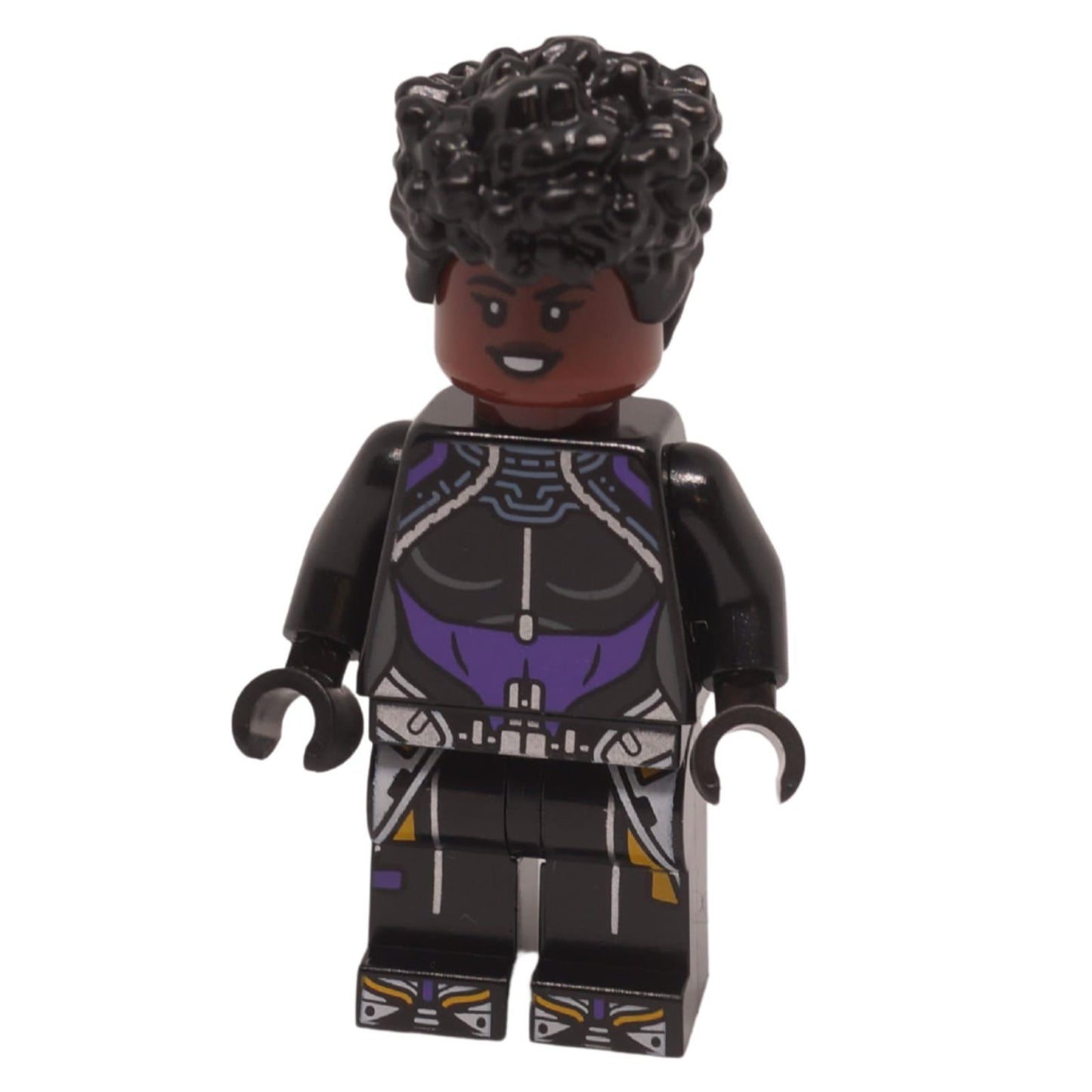 Shuri minifigure front view with curly black hair black and dark purple suit torso
