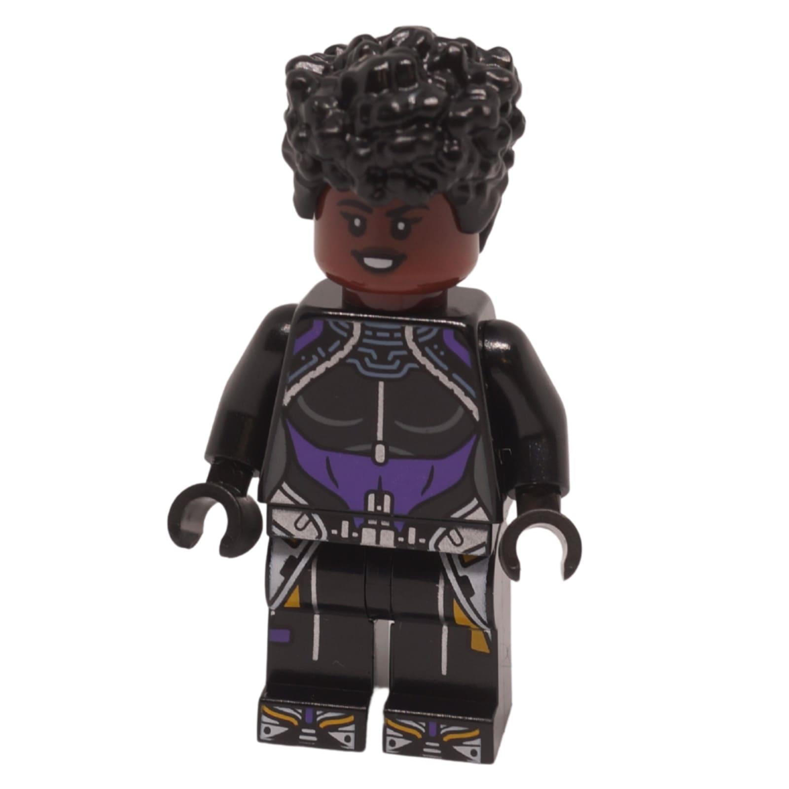 Shuri minifigure front view with curly black hair black and dark purple suit torso
