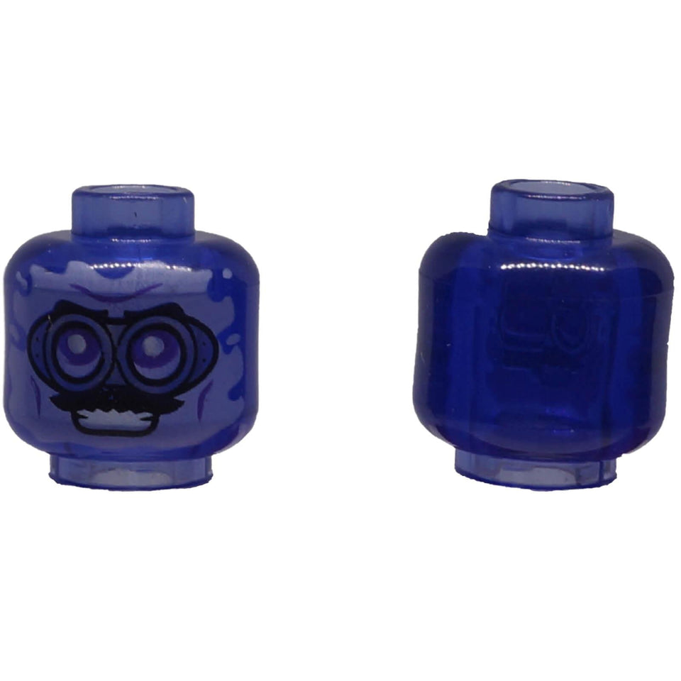 Translucent purple LEGO® head 3626pb3344 shown front and back with large silver goggles, black moustache and smiling face