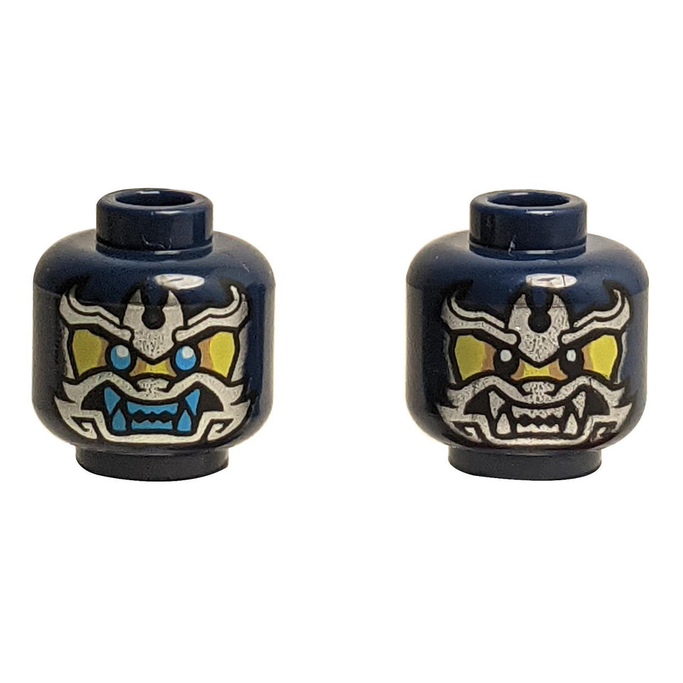 Two dark blue LEGO heads 3626pb3542 with dual-sided samurai mask prints.